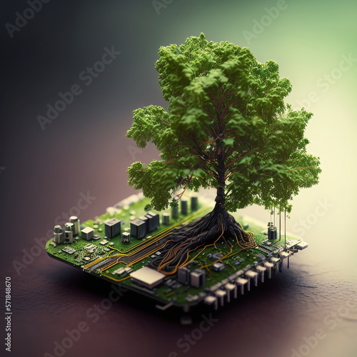 Tree growing from a computer micro chip, representing the future environment and technology. AI Generated.