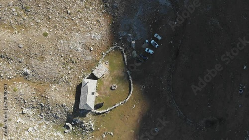 Drone video flying overhead Mountain refuge shelter cabin Christakis at Mount Olympus in the morning photo