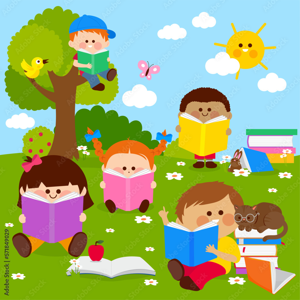 Obraz premium Children reading books at the park, in nature. Vector illustration.
