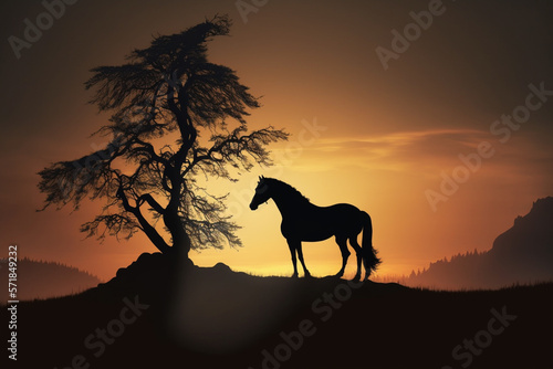 Silhouette sunset horse, illustration, wild animals, art, generative ai