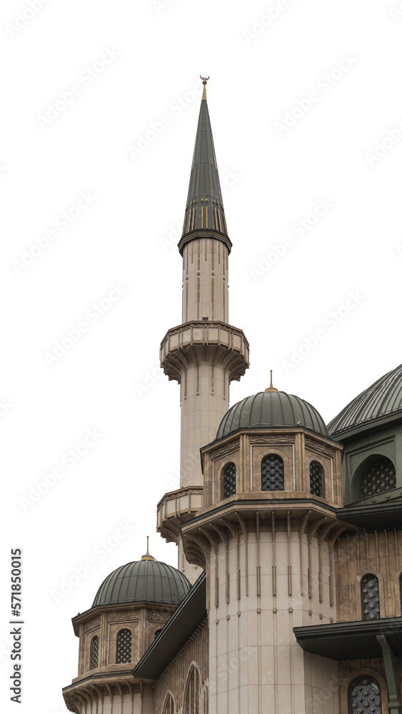 Istanbul, Turkey (Turkiye). Taksim Mosque (Taksim Camii). Mosque complex at Taksim Square at rainy cloudy day. Close up fragment. Isolated on a white background. Vertical shot