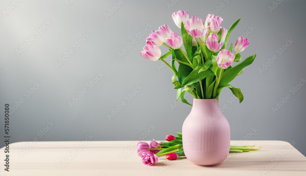 A bunch of tulips in pink vase standing on the wooden table