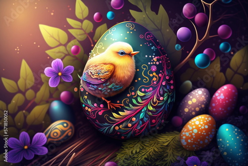 Colourful bird sitting on one big decorated easter egg among smaller easter eggs. AI Generated.
