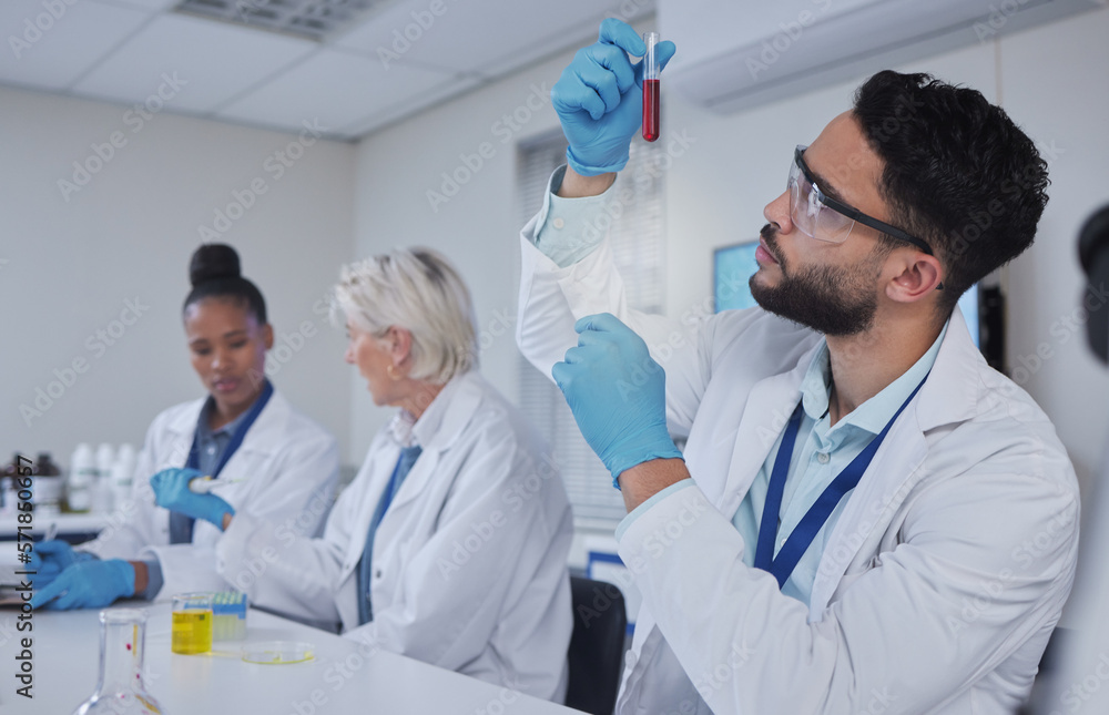 Science, laboratory and man with blood in test tube for medical research, dna testing and investigation. Biotechnology, teamwork and forensic scientists with sample for analysis, study and experiment Science, laboratory and man with blood in test tube for medical research, dna testing and investigation. Biotechnology, teamwork and forensic scientists with sample for analysis, study and experiment