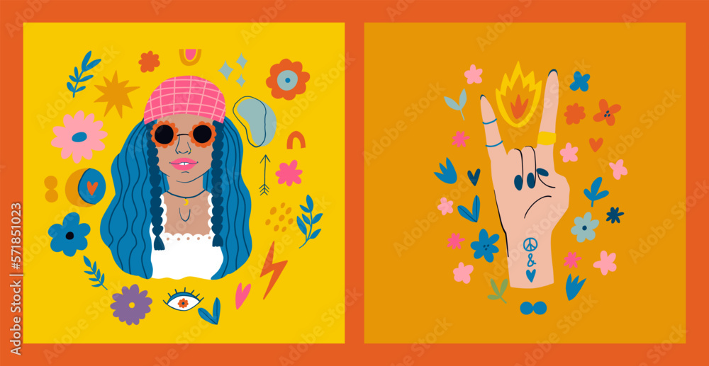 Fototapeta premium Hippie aesthetic vector illustration. Girl with flowers. Hand depicts Rock sign. Trippy art and groovy nostalgia. 70x character people
