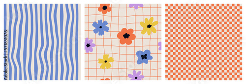 Set with Seamless patterns hippie aesthetic. Spring mood. Vector Hand drawn background for design and card, covers, package, wrapping paper.