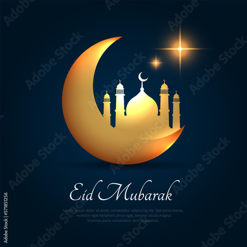 Elegant eid mubarak design background with mosque and crescent moon vector. Simple and clean ramadan kareem background