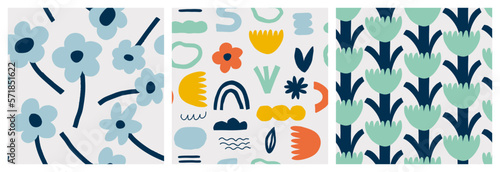 Set of seamless patterns with abstract cute flowers. Naive art. Vector Hand drawn background for design and card, covers, package, wrapping paper. 