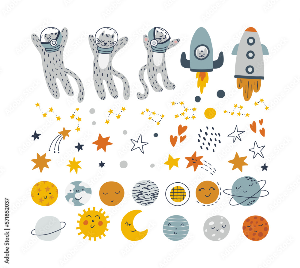 Vector set with cute cats, stars in space. Cute cats astronauts