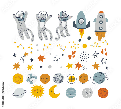 Vector set with cute cats, planets stars in space. Cute cats astronauts. Constellation and comet.