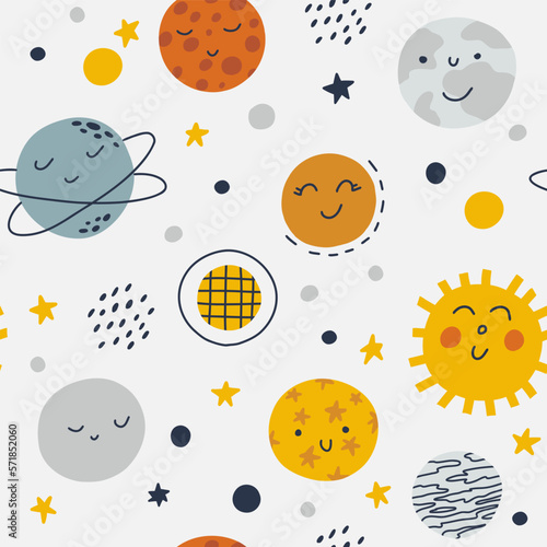 Seamless kids space pattern. Creative nursery background. Ideal for kids design, fabric, packaging, wallpaper, textiles, clothing