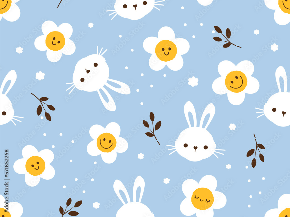 Seamless pattern with bunny rabbit cartoons, daisy flower, tree branches and dots on blue background vector illustration. Cute childish print.