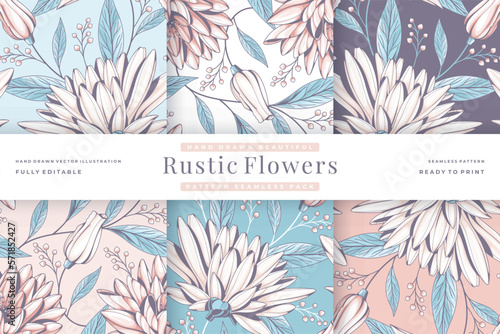 hand drawn beautiful rustic flowers pattern seamless pack