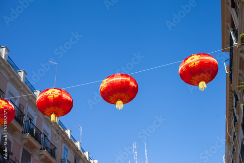 red lanterns chinese Lunar new year with blue sky background. Chinatown district