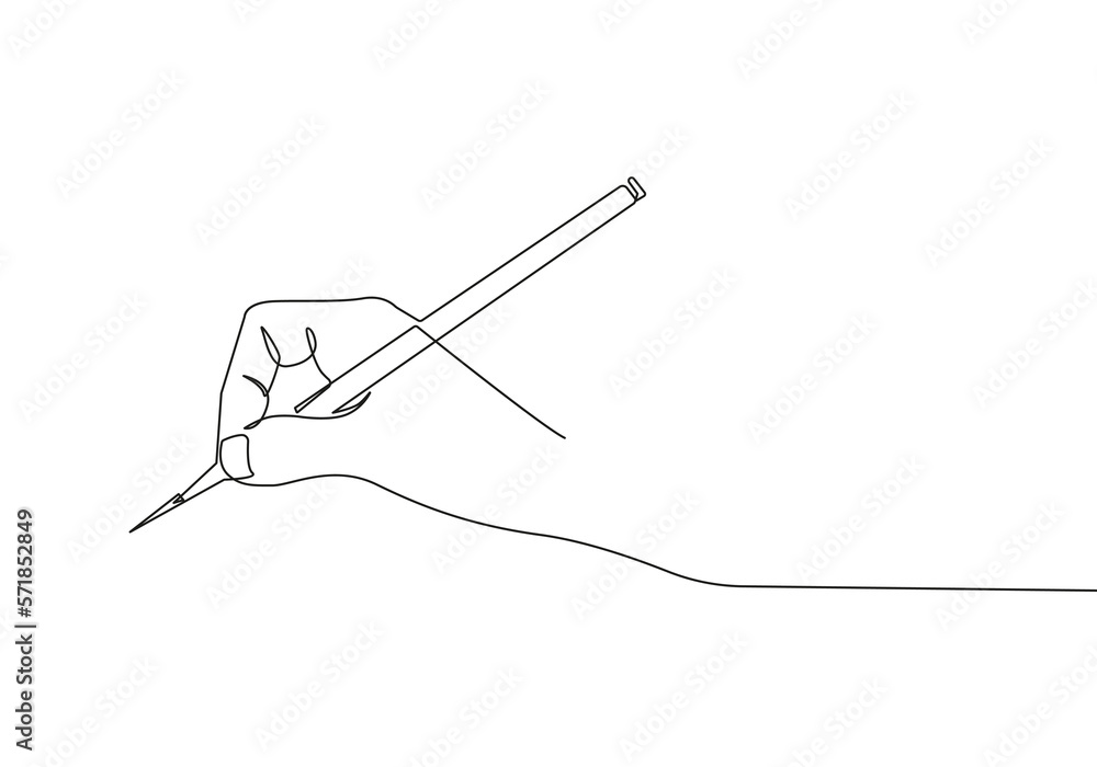 Hand with Pencil Continuous One Line Drawing. Hand Writes Abstract Line Art Drawing in Modern Trendy Style. Abstract Simple Vector Drawing for Business or Education Design. 