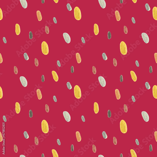 Texture seamless pattern of hand drawn simple oval shapes on a Viva Magenta background. Used for printing on paper, fabric, packaging, wallpaper.