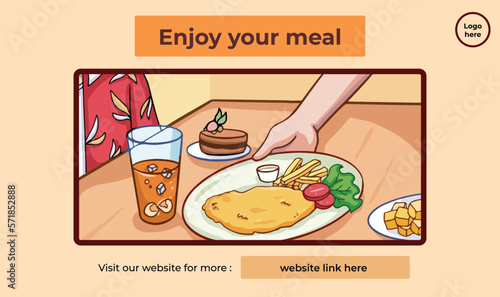 Enjoy your meal card banner or poster template with serving western food vector illustration with text placement guide isolated on landscape wallpaper. 