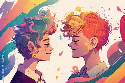 The two guys look at each other and smile. LGBT community  happiness  freedom. Generative AI
