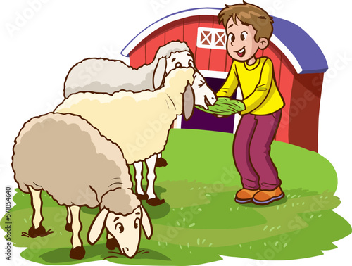 children feeding the sheep cartoon vector