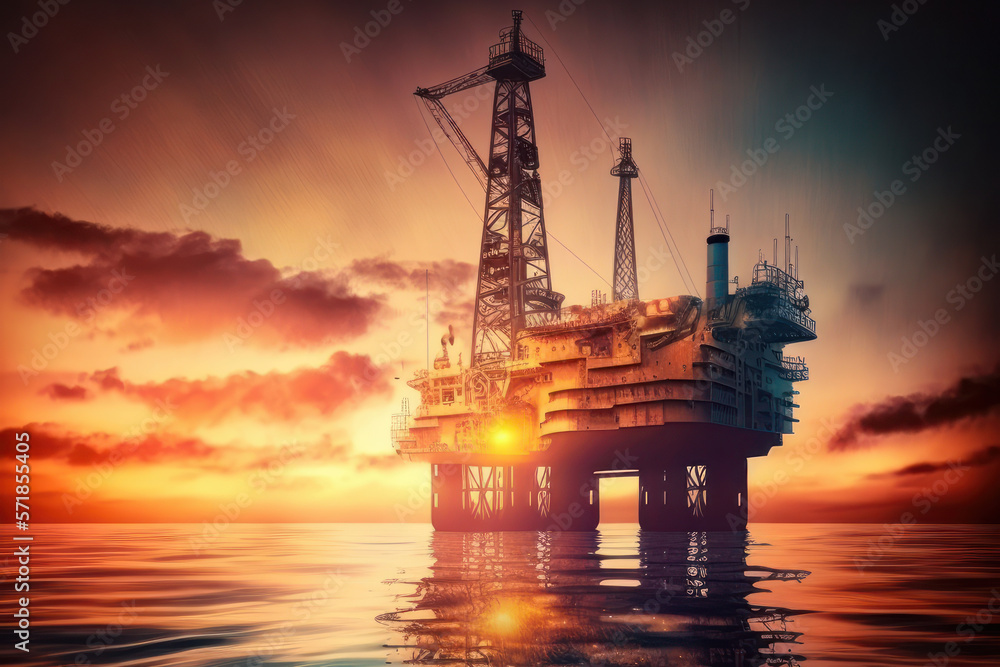 Industrial oil rig on calm ocean at sunset (Generative AI)