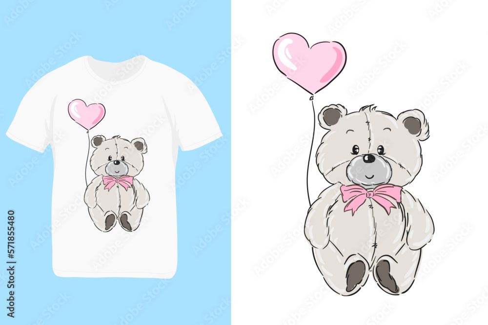 Cute teddy bear doll holds a balloon ,vector illustration for t-shirt.