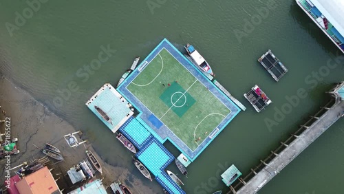 Floating soccer field, Koh Panyee fishing village in Thailand. Sport and recreation concept. Aerial view.