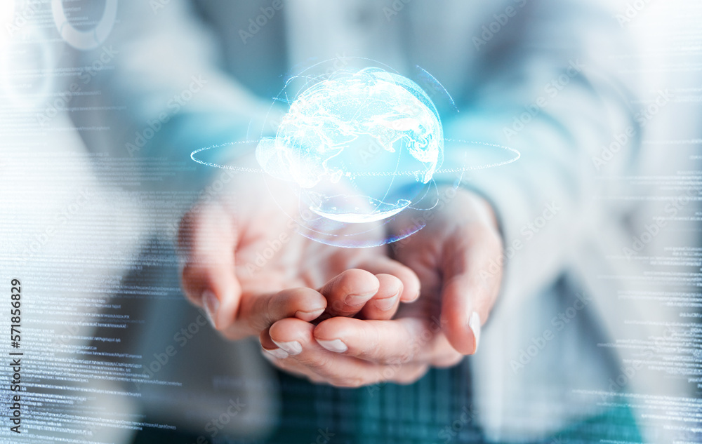 Hands, 3D globe hologram and global communication in digital marketing or futuristic networking on double exposure. Hand of person holding virtual world for future technology connection on overlay Hands, 3D globe hologram and global communication in digital marketing or futuristic networking on double exposure. Hand of person holding virtual world for future technology connection on overlay