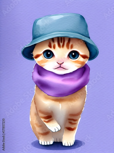 Kitten in a hat  scarf. Watercolor drawing postcard  big eyes  big head  small body