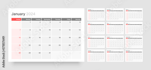 Monthly calendar template for 2024 year. Wall calendar in a minimalist style. Week Starts on Sunday. Planner for 2024 year.
