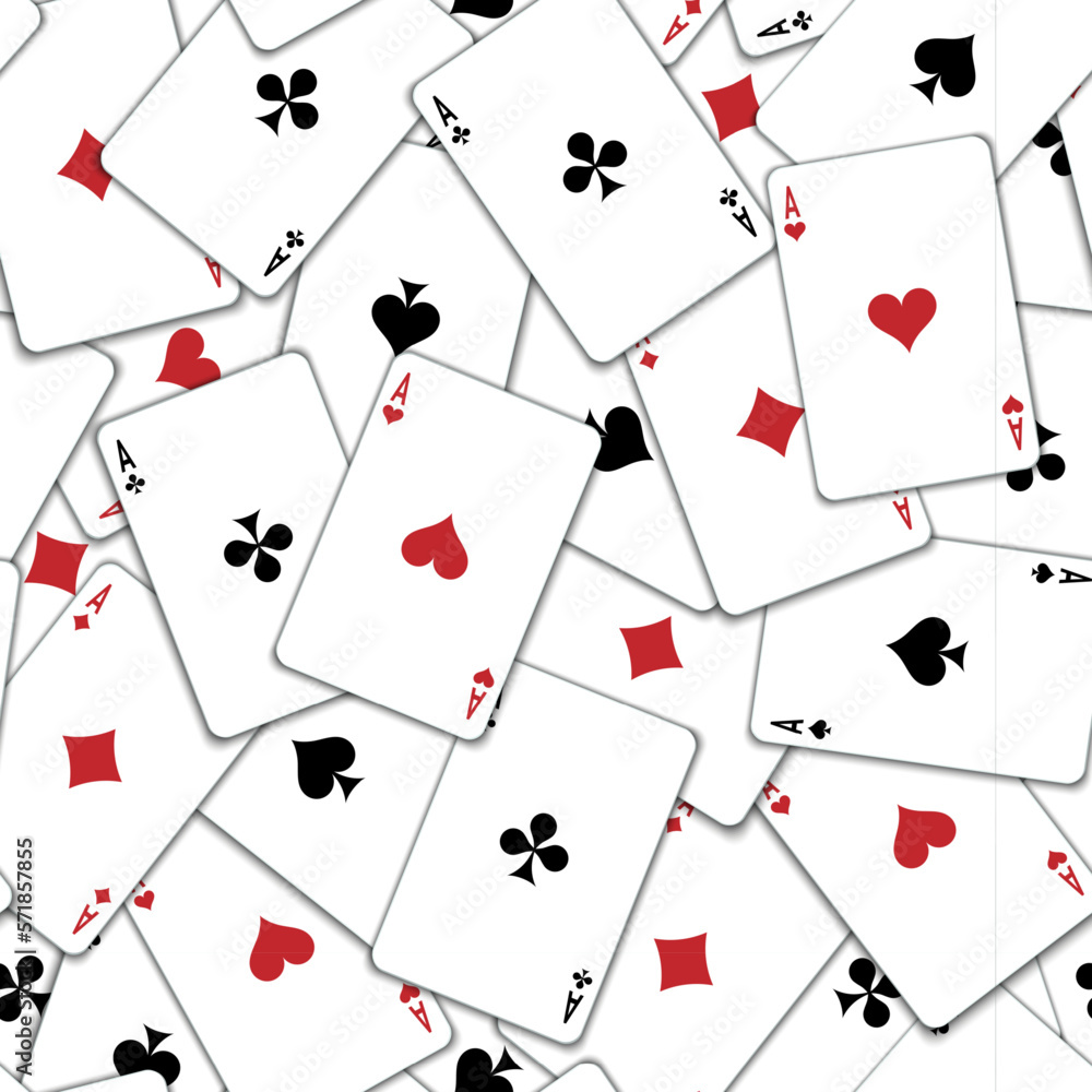 Pattern with playing cards. Playing cards scattered on the table. Suits of playing cards. Spades, Hearts, Clubs, Diamonds. Pattern with playing cards. Playing cards scattered on the table. Suits of playing cards. Spades, Hearts, Clubs, Diamonds.