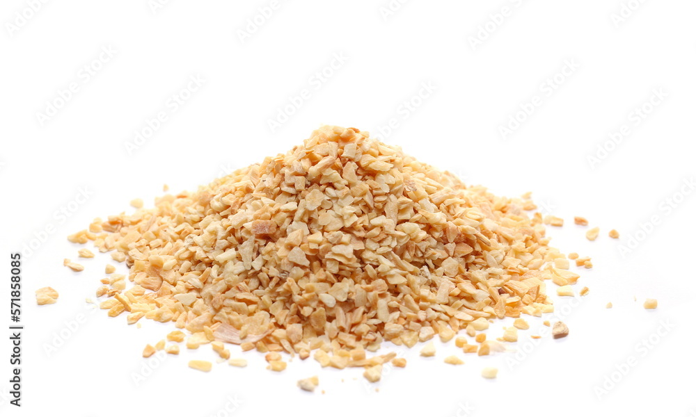 Pile chopped dry garlic isolated on white, side view Pile chopped dry garlic isolated on white, side view