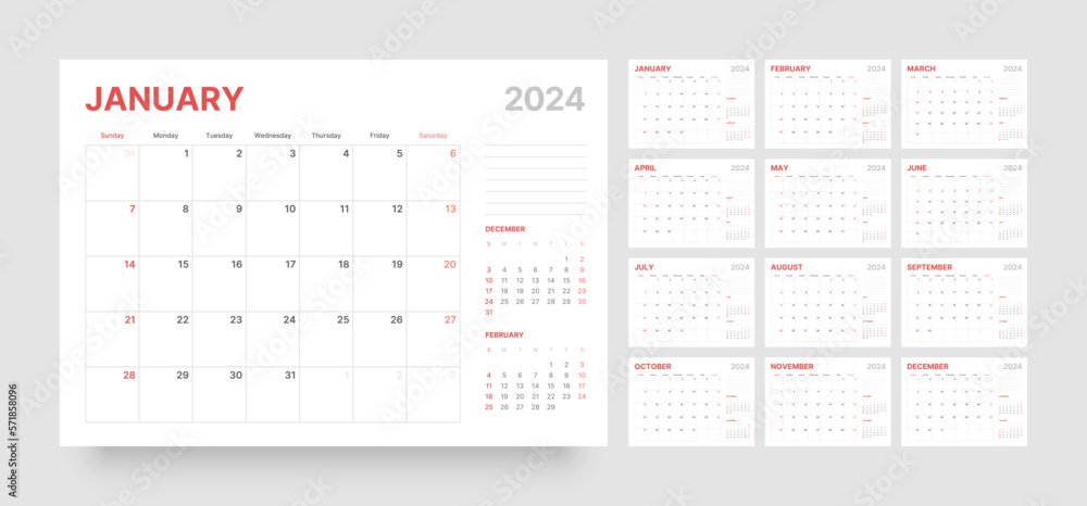 Monthly calendar template for 2024 year. Wall calendar in a minimalist style. Week Starts on Sunday. Planner for 2024 year. - obrazy, fototapety, plakaty 