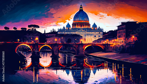Abstract painting concept. Colorful art of a the Basilica Saint Peter in Rome. Mediterranean culture. Generative AI.