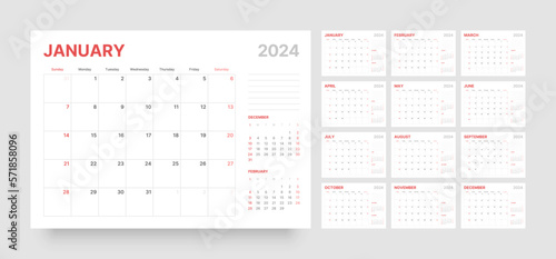 Monthly calendar template for 2024 year. Wall calendar in a minimalist style. Week Starts on Sunday. Planner for 2024 year.