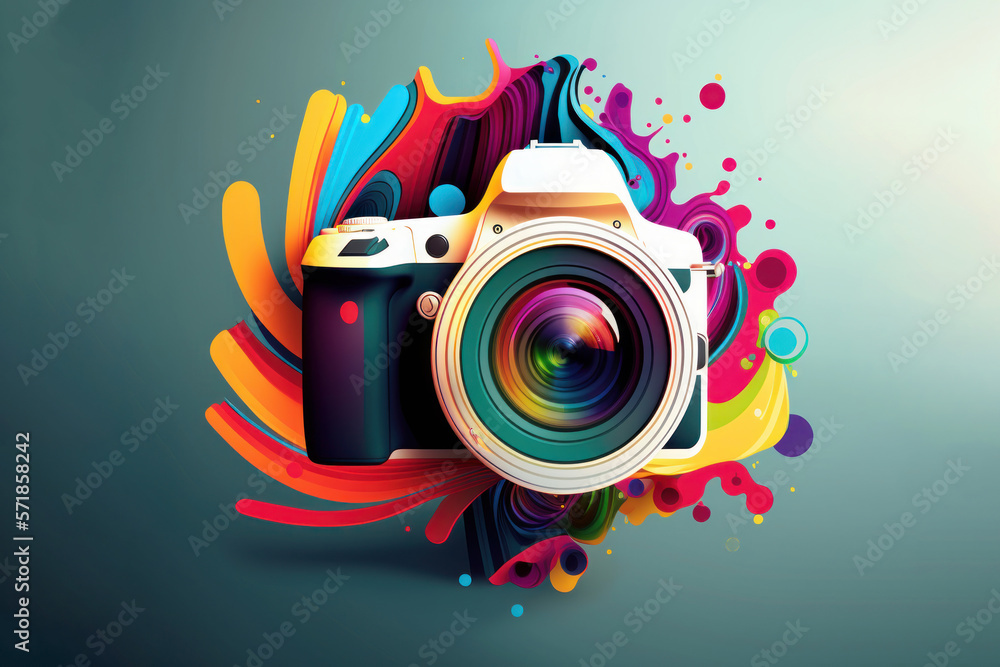 Abstract and colorful DSLR camera (Generative AI) - obrazy, fototapety, plakaty 