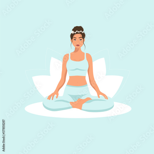 Young pretty woman performing yoga exercise. Female cartoon character sitting in lotus posture and meditation. Girl with crossed legs. Colorful flat vector illustration. (ID: 571858287)