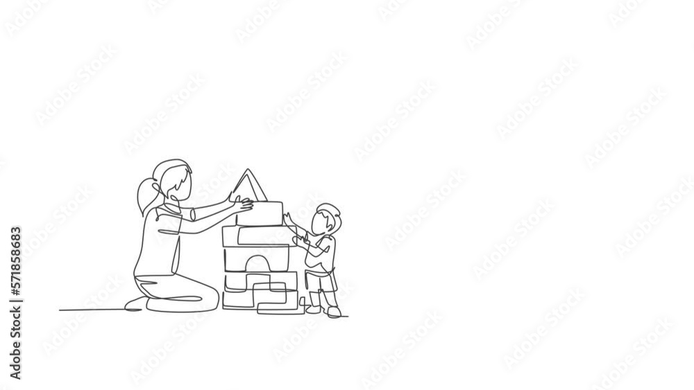 Animation of one line drawing of father reading book to daughter, mother playing puzzle house with son at home. Happy family parenting concept. Continuous line self draw animated. Full length motion. Animation of one line drawing of father reading book to daughter, mother playing puzzle house with son at home. Happy family parenting concept. Continuous line self draw animated. Full length motion.