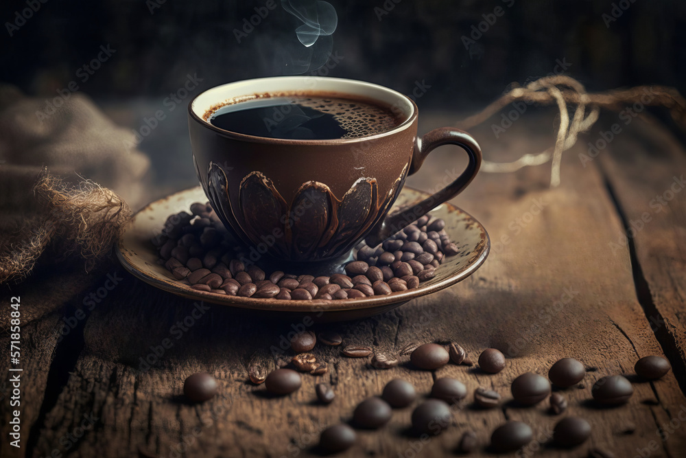 Fototapeta premium Beautiful hot coffee cup and coffee beans on wood background created with a generative ai technology