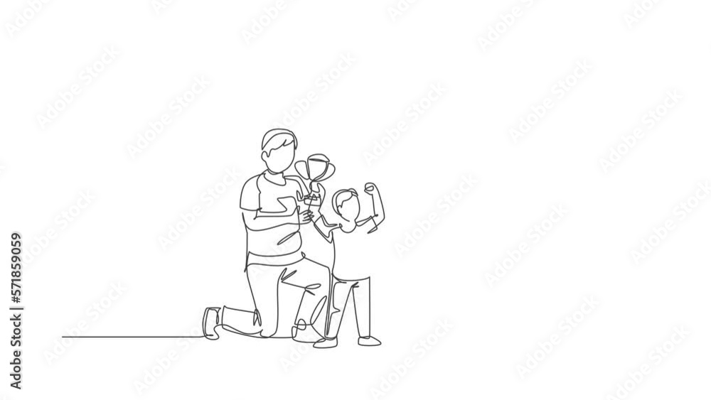 Animated self drawing of continuous line draw little boy celebrate trophy victory with his mother and father after win competition. Happy family parenting concept. Full length single line animation. Animated self drawing of continuous line draw little boy celebrate trophy victory with his mother and father after win competition. Happy family parenting concept. Full length single line animation.