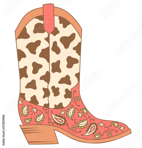 Cowboy boot with cow decoration vector colors illustration. Vector American cowboy boot with red bandanna decor design isolated on white for print.