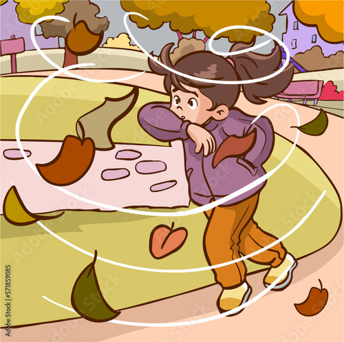 Girl kid struggle walking against wind near bending tree with yellow leaves windy autumn day. Flat vector person character illustration