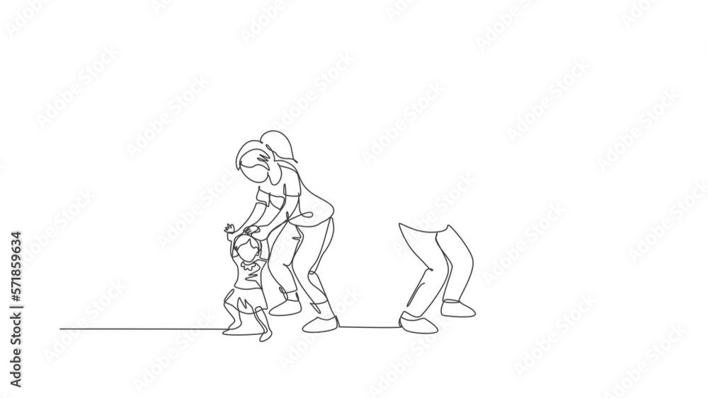 Animation of one single line drawing of young parents teaching their twin kids to walk at home. Happy family parenting concept. Continuous line self draw animated. Full length motion illustration. Animation of one single line drawing of young parents teaching their twin kids to walk at home. Happy family parenting concept. Continuous line self draw animated. Full length motion illustration.