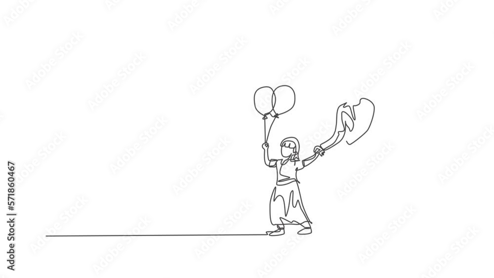 Animation of one line drawing of Islamic dad holding daughter's hand who hold balloon at park. Happy Arabian muslim family parenting concept. Continuous line self draw animated. Full length motion. Animation of one line drawing of Islamic dad holding daughter's hand who hold balloon at park. Happy Arabian muslim family parenting concept. Continuous line self draw animated. Full length motion.