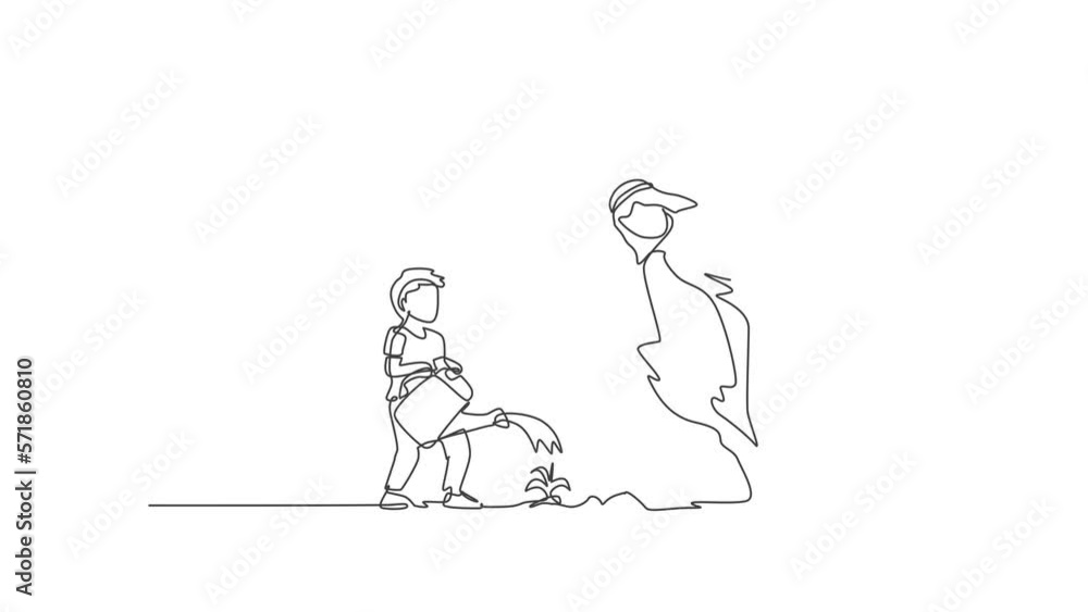 Animated self drawing of one continuous line draw young Islamic biy hep his father watering plant at house garden. Happy Arabian muslim parenting family concept. Full length single line animation. Animated self drawing of one continuous line draw young Islamic biy hep his father watering plant at house garden. Happy Arabian muslim parenting family concept. Full length single line animation.