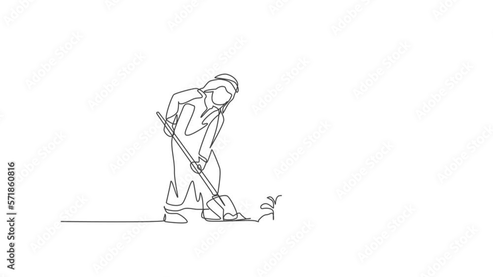 Animated self drawing of continuous line draw young Islamic daughter help her father plant a seed at house backyard. Happy Arabian muslim parenting family concept. Full length single line animation. Animated self drawing of continuous line draw young Islamic daughter help her father plant a seed at house backyard. Happy Arabian muslim parenting family concept. Full length single line animation.