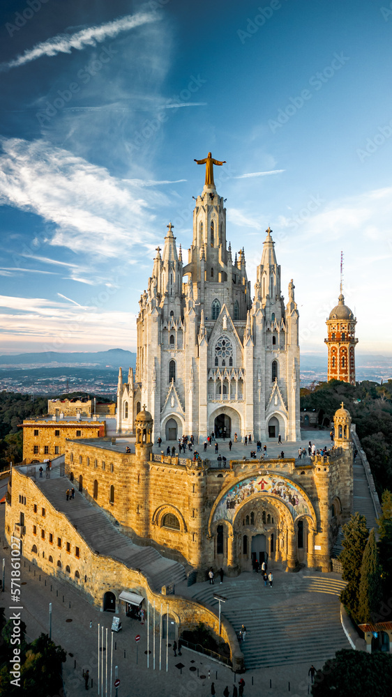 Aerial view of Temple of the Sacred Heart of Jesus in Barcelona Tibidado Spain.