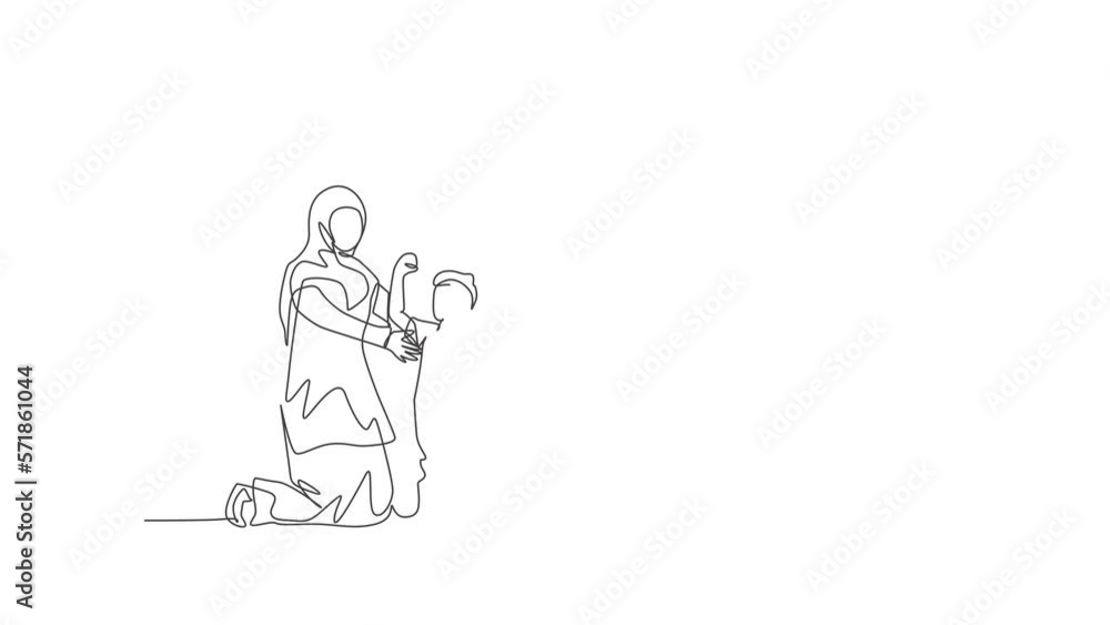 Animated self drawing of continuous line draw young Arabian mother congratulate son of the award trophy that he won. Happy Islamic muslim parenting family concept. Full length single line animation. Animated self drawing of continuous line draw young Arabian mother congratulate son of the award trophy that he won. Happy Islamic muslim parenting family concept. Full length single line animation.