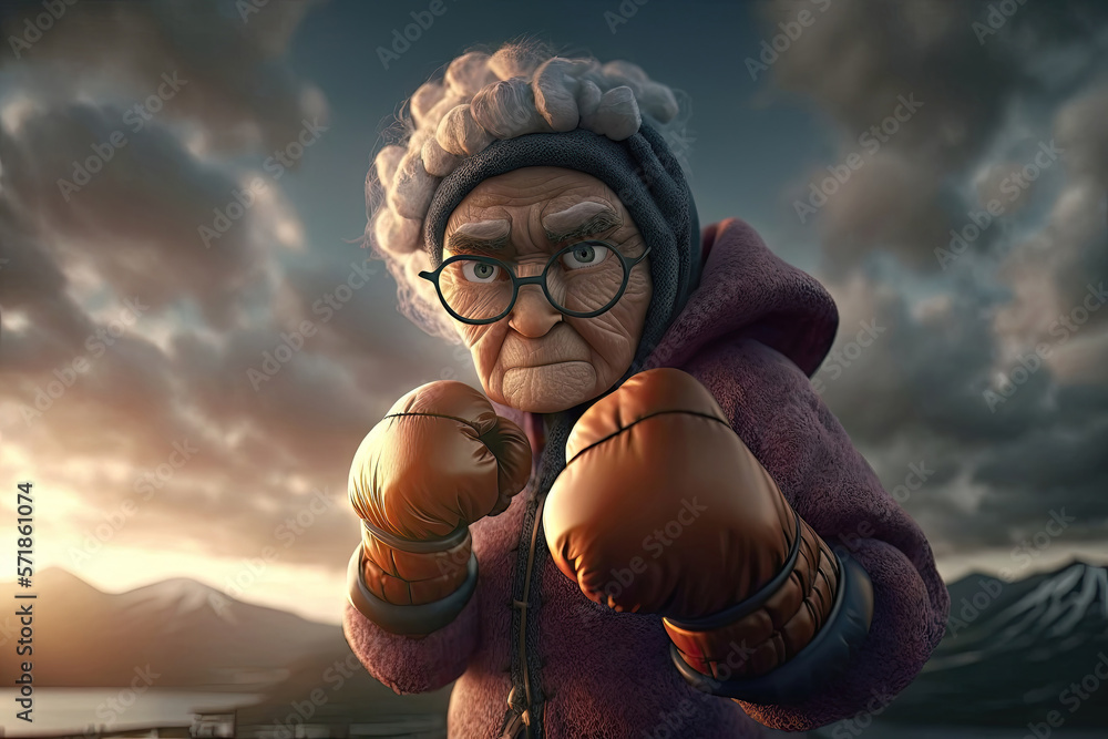 AI generated old woman boxing, dynamic pose