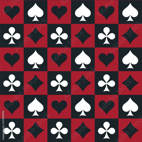 Pattern of playing cards. Spades, Hearts, Clubs, Diamonds. Casino gambling, poker background.