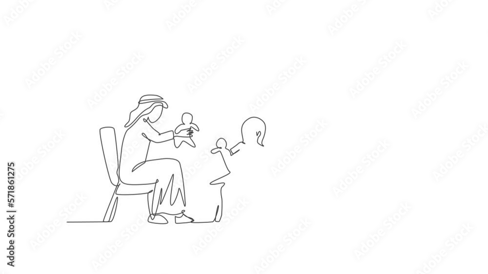 Animated self drawing of one continuous line draw young Arabian dad and daughter playing doll to wait fasting break. Happy Islamic muslim parenting family concept. Full length single line animation. Animated self drawing of one continuous line draw young Arabian dad and daughter playing doll to wait fasting break. Happy Islamic muslim parenting family concept. Full length single line animation.
